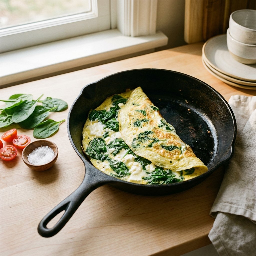 Omelett mit Spinat und Feta in der Pfanne