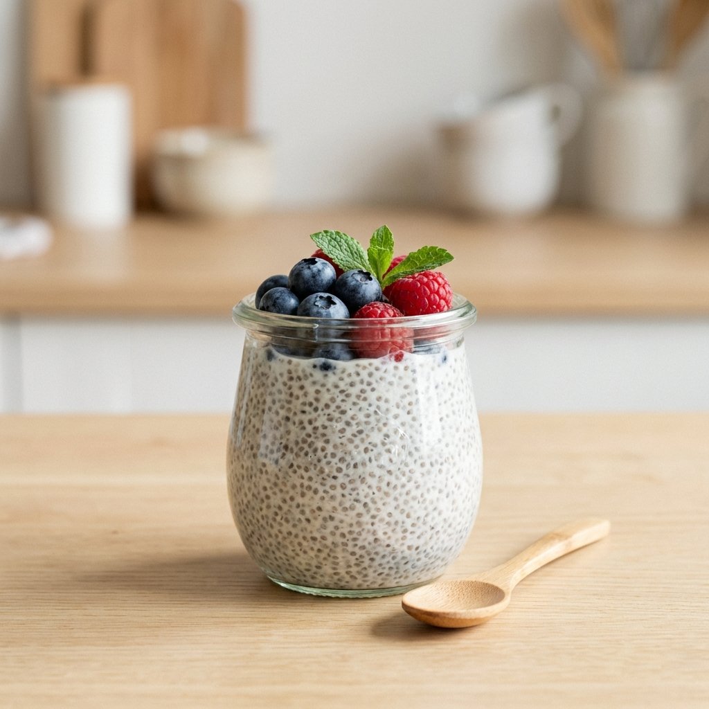 Chia-Pudding mit frischen Beeren im Glas