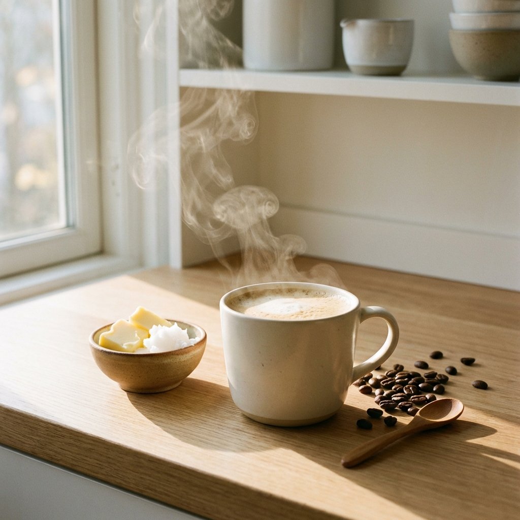 Butterkaffee mit Schaum in weißer Tasse