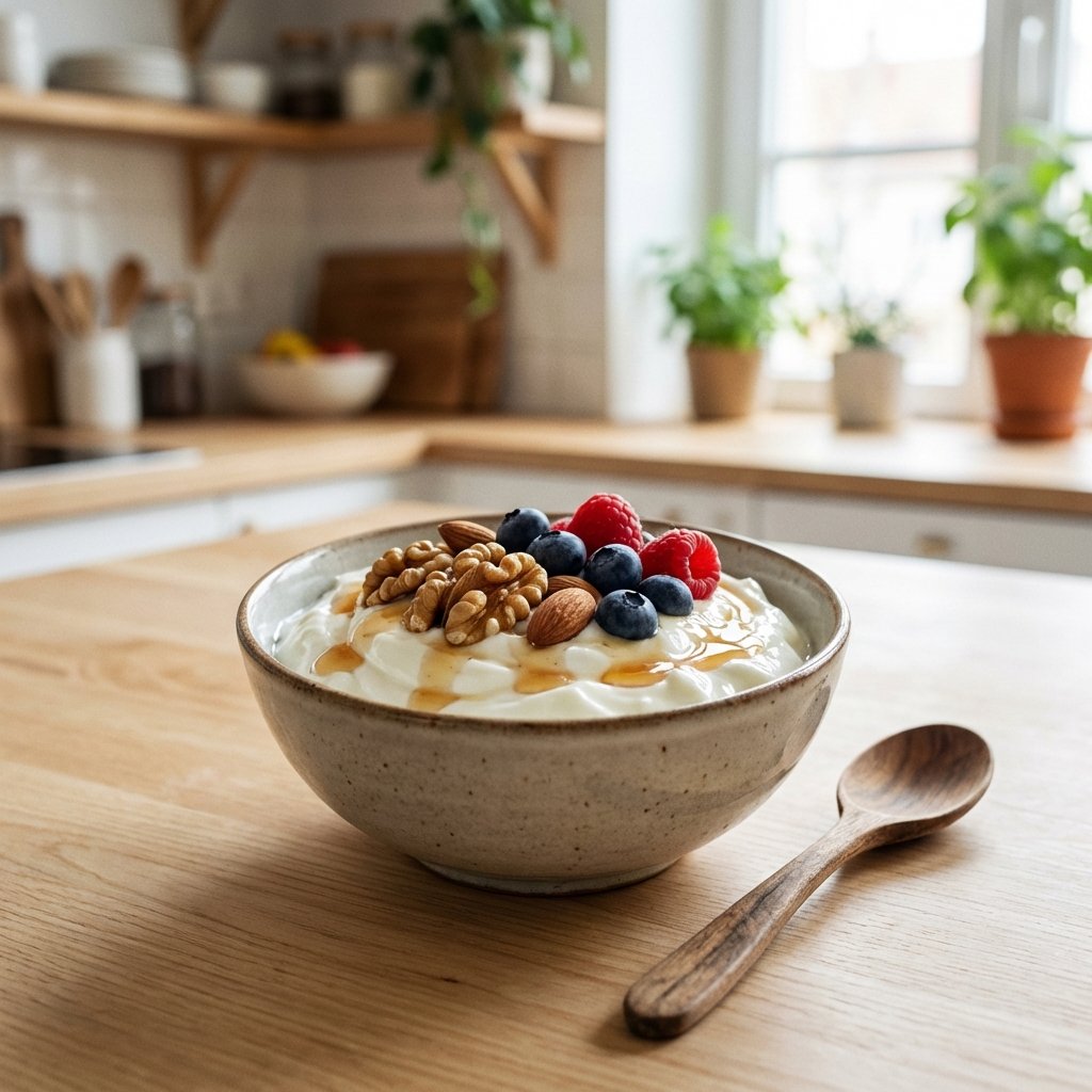Griechischer Joghurt mit Nüssen und Beeren in einer Schale