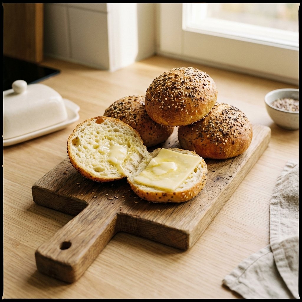 Keto-Brötchen mit Butter und Käse auf einem Schneidebrett