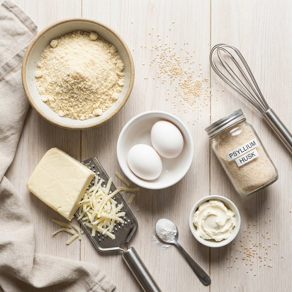 Zutaten für Keto-Burgerbrötchen: Mandelmehl, Mozzarella, Ei und Flohsamenschalen