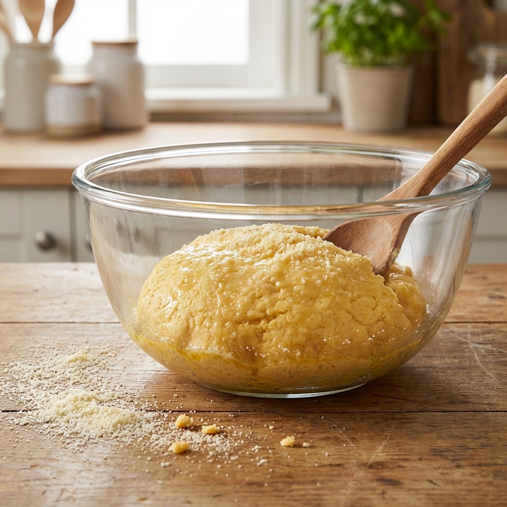 Zubereitung des Keto-Brötchenteigs: geschmolzener Käse und Mandelmehl werden vermischt