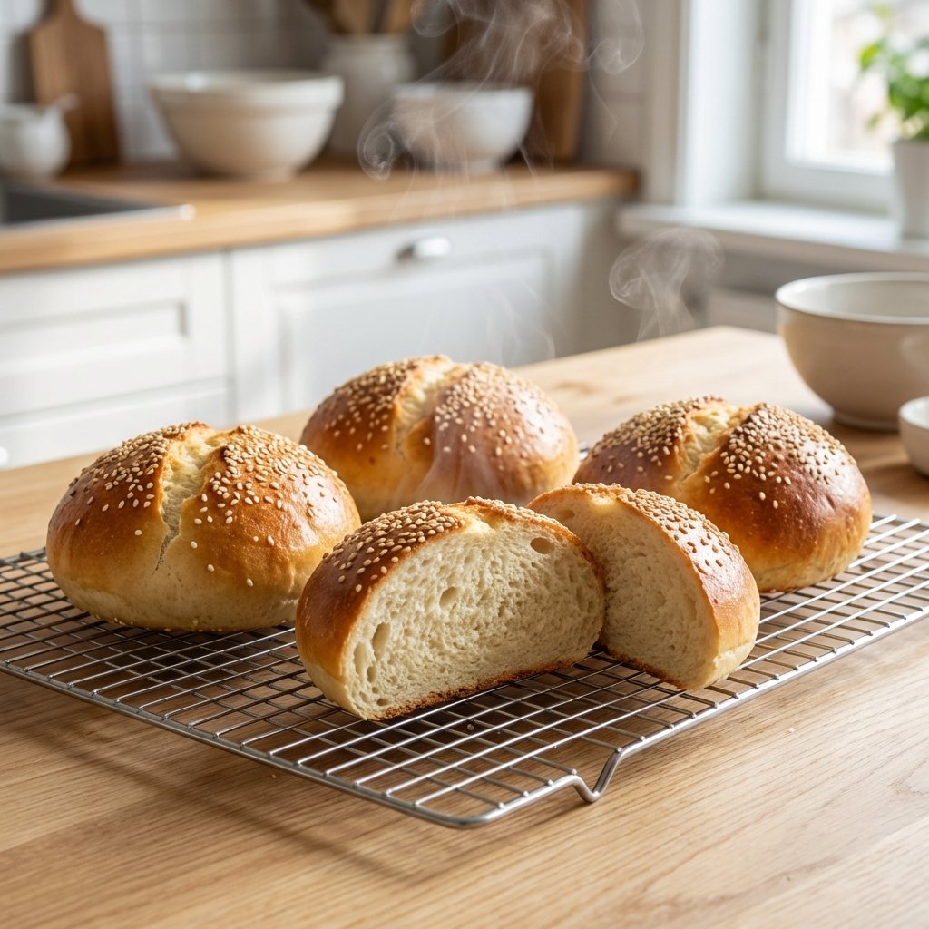 Frisch gebackene Keto-Burgerbrötchen auf einem Gitter