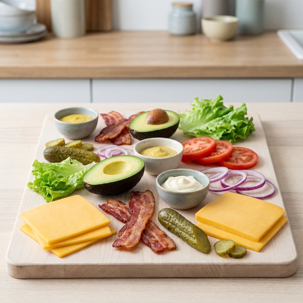 Keto-Burger-Toppings: Käse, Bacon, Avocado, Salat und Salzgurke