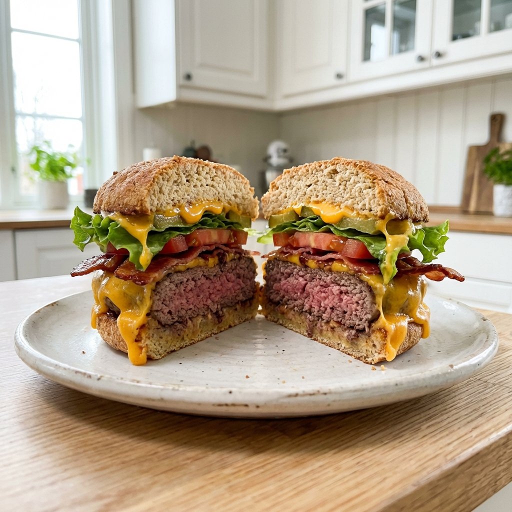 Keto-Burger in der Mitte aufgeschnitten, alle Füllungen und die saftige Bulette sichtbar