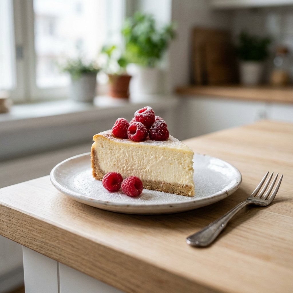 Keto Käsekuchen-Stück mit Beeren auf weißem Teller