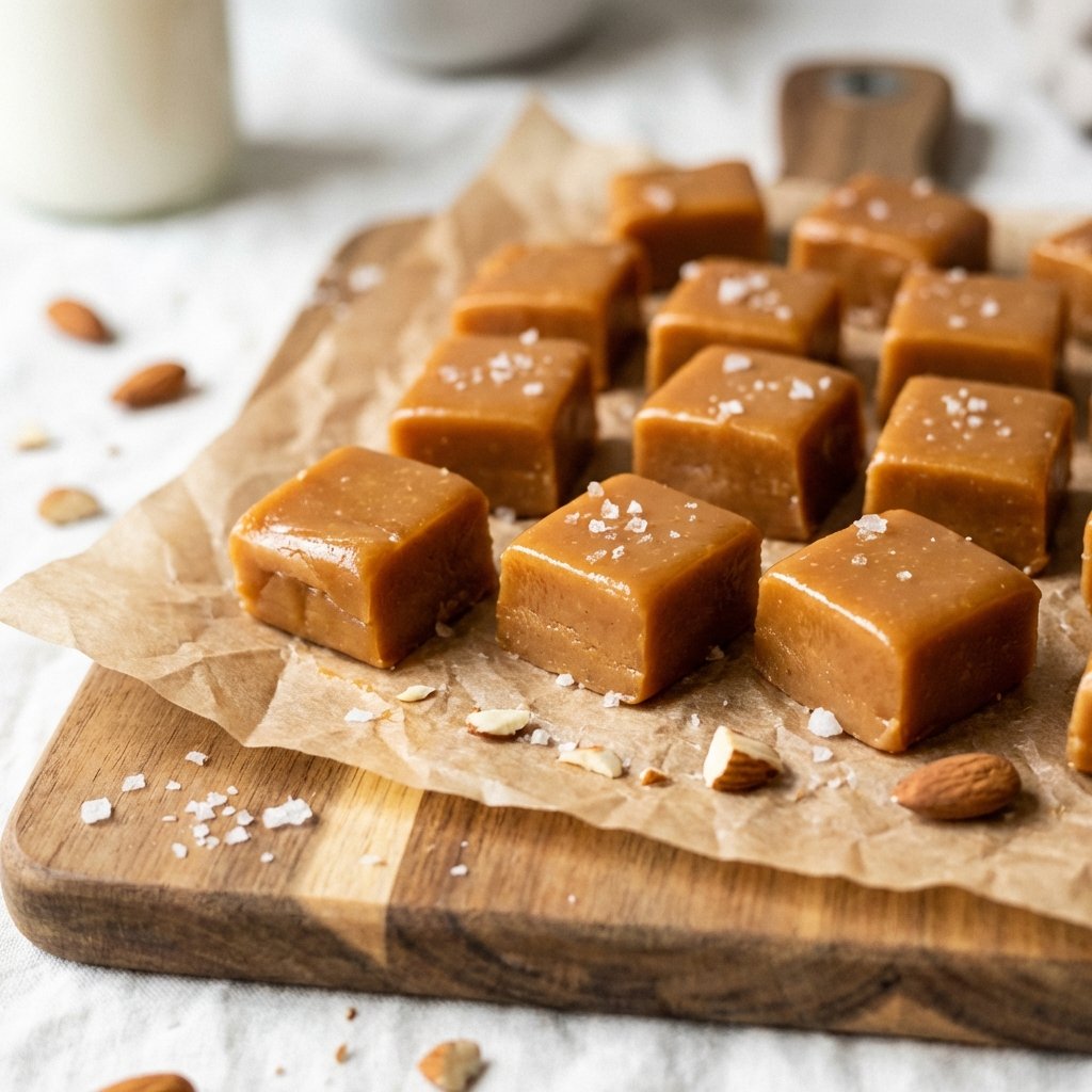 Keto Fudge-Stücke mit karamellisierter Oberfläche auf einem Holzbrett