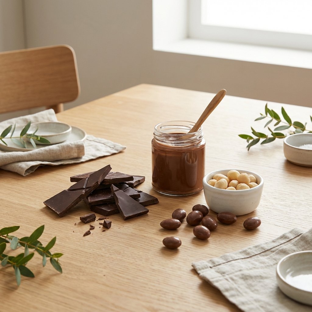 Keto-Produkte: dunkle Schokolade, Haselnusscreme und Nüsse