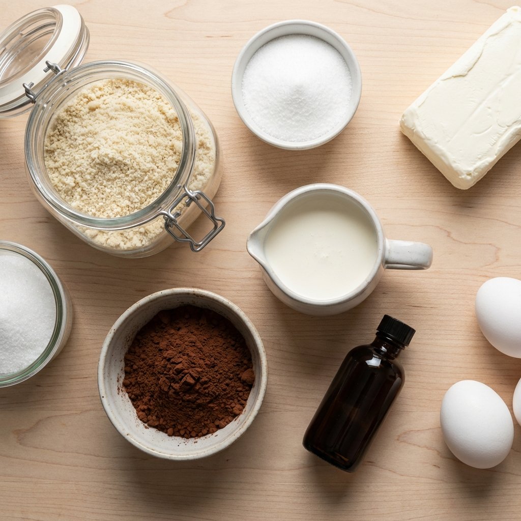 Keto-Backzutaten: Mandelmehl, Erythrit, Schlagsahne und Kakaopulver