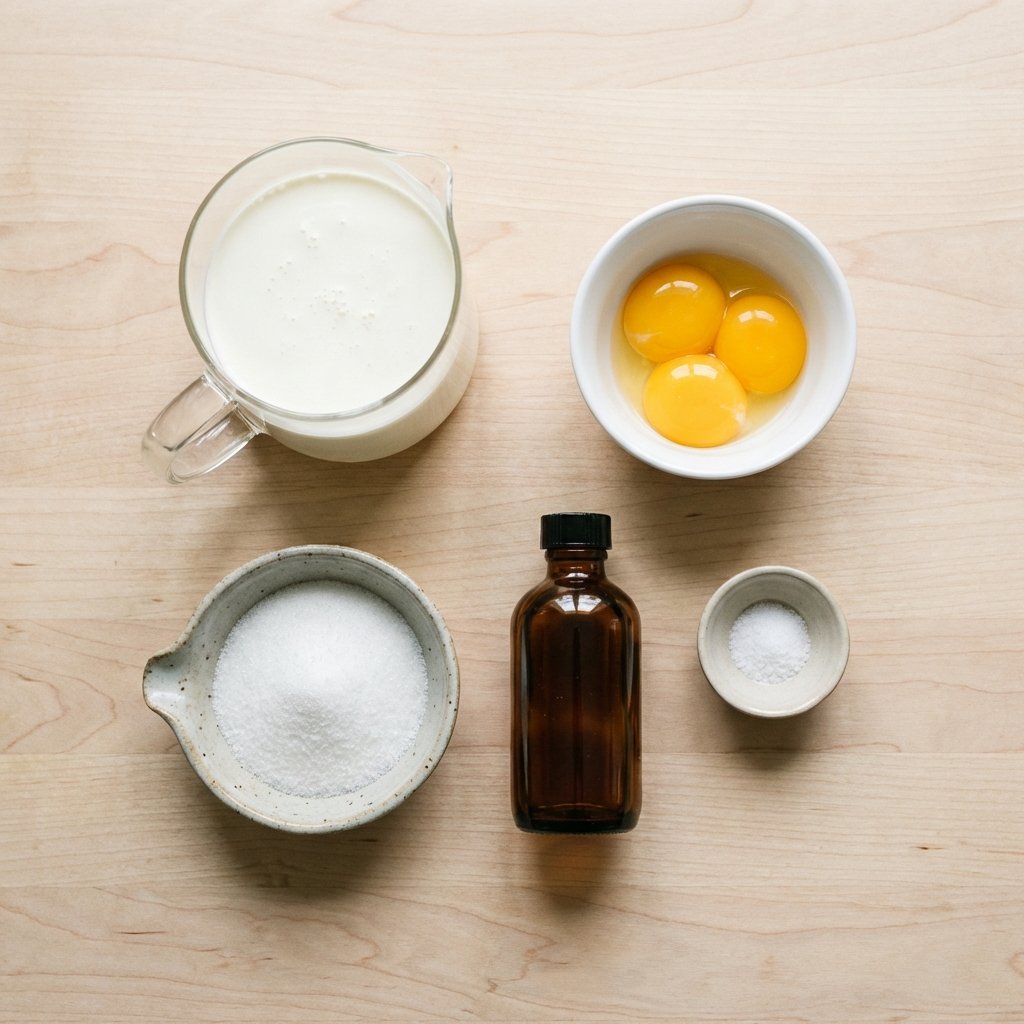 Zutaten für Keto-Eis: Schlagsahne, Eigelb, Erythrit und Vanilleextrakt