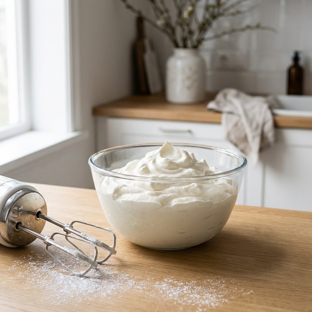Geschlagene Sahne in Glasschüssel mit Handmixer