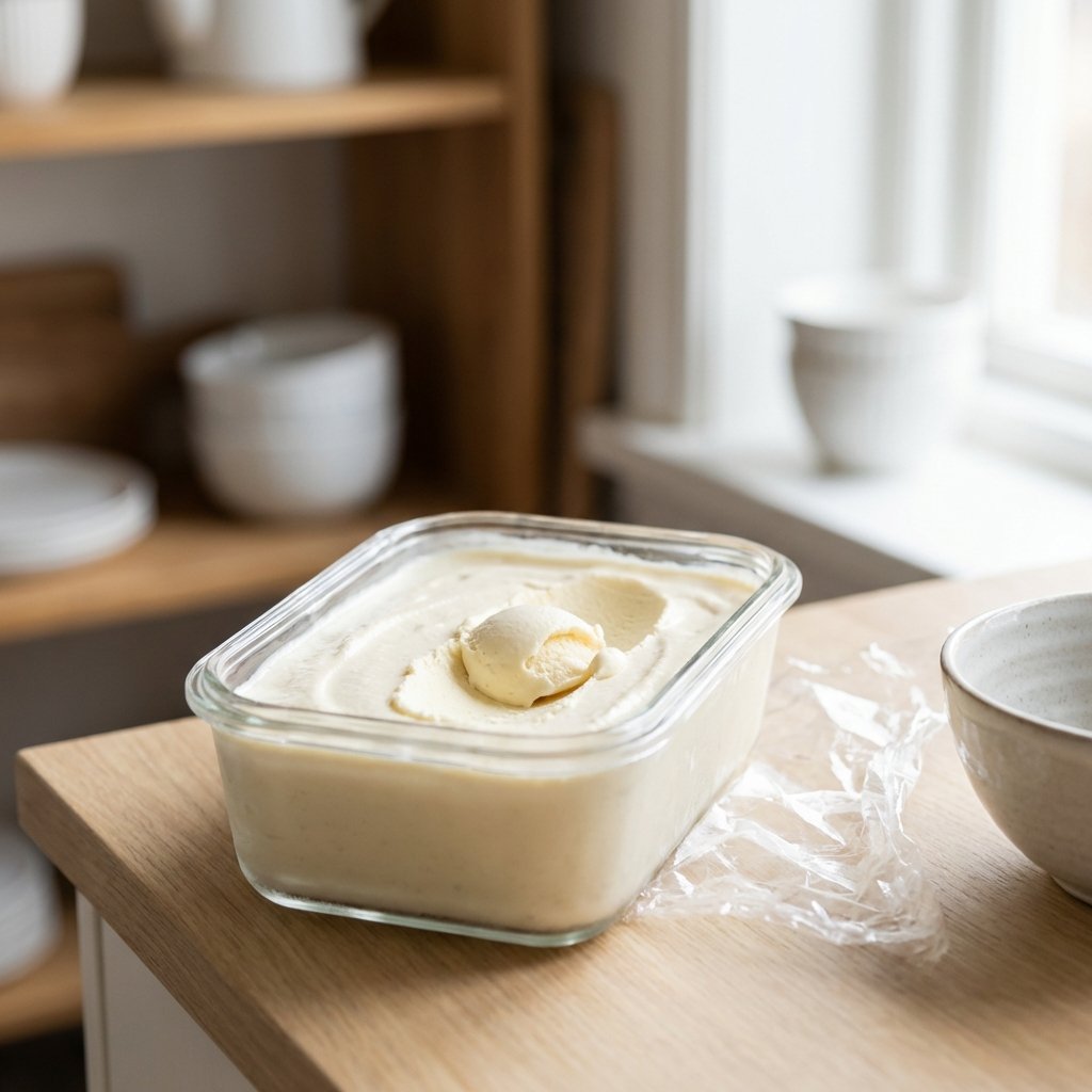 Fertige Keto-Eismasse in der Gefrierdose
