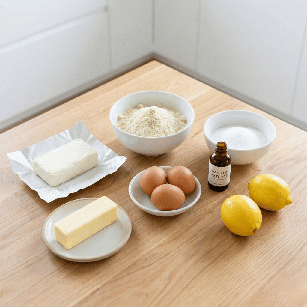 Zutaten für Keto-Käsekuchen auf dem Tisch: Frischkäse, Mandelmehl, Butter und Erythrit