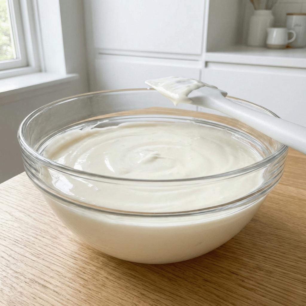 Cremige Käsekuchenfüllung in der Glasschüssel, seidige Konsistenz