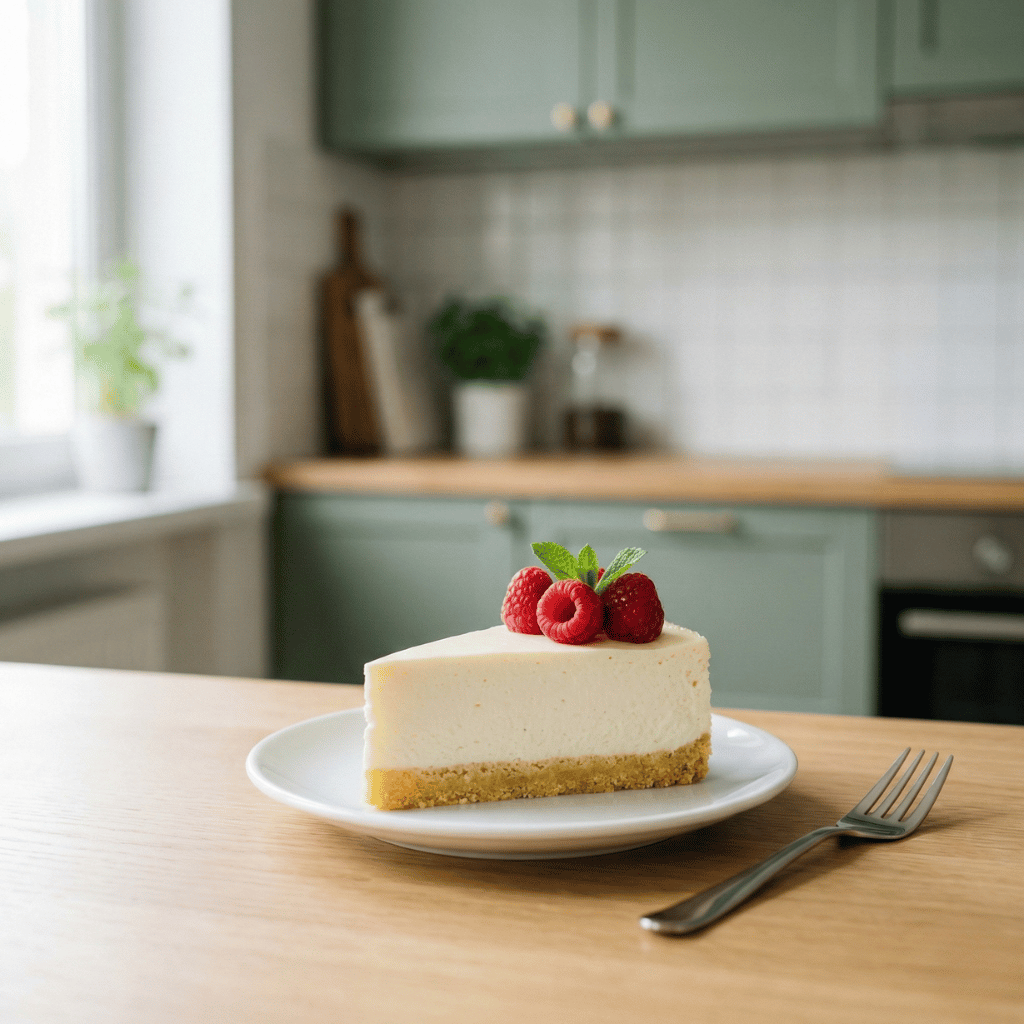 Stück Keto-Käsekuchen auf weißem Teller mit Gabel und Himbeergarnitur