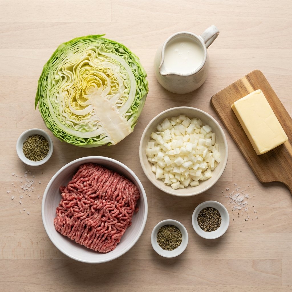 Zutaten für Keto Kohlauflauf: Weißkohl, Hackfleisch, Zwiebeln, Sahne und Gewürze