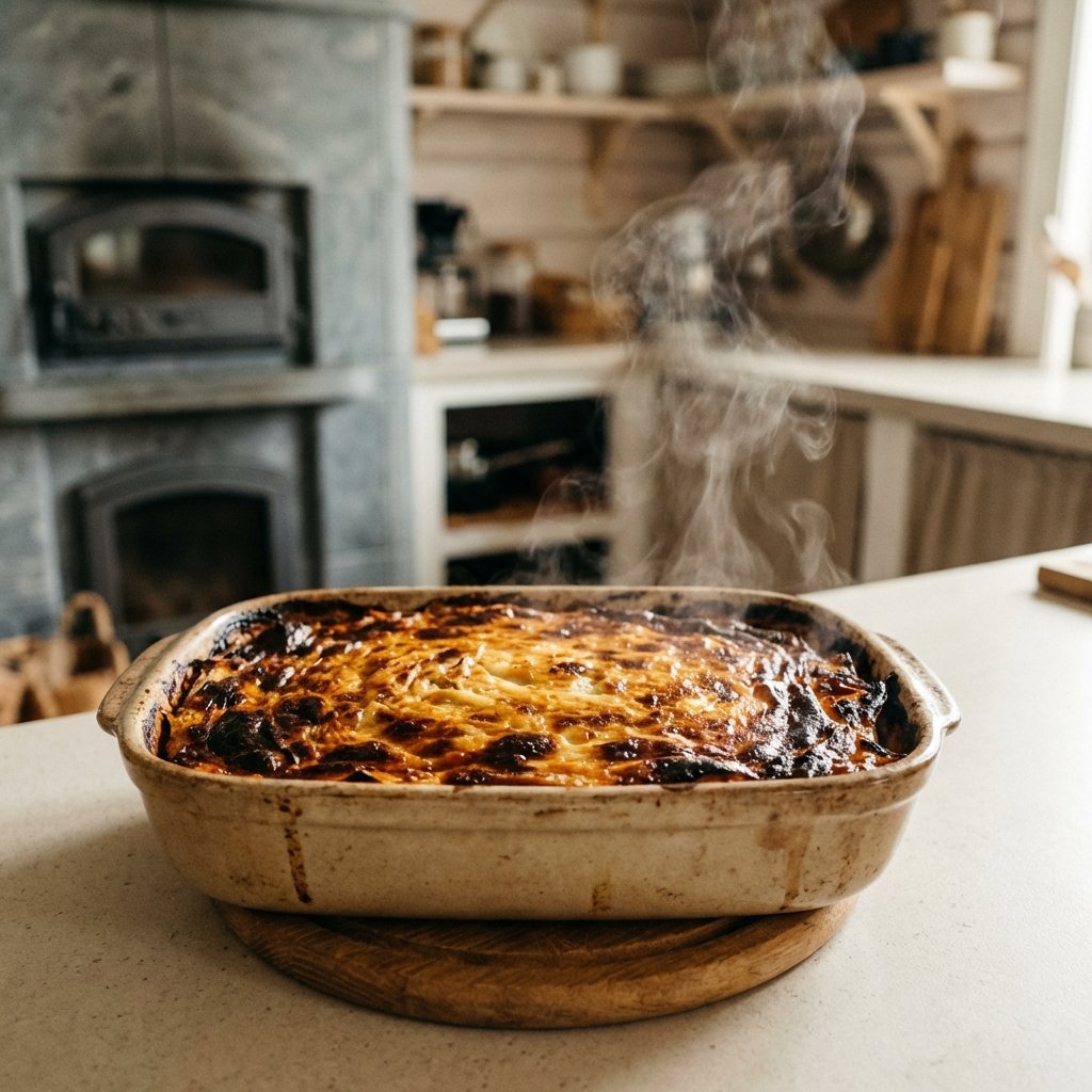 Fertig gebackener Keto Kohlauflauf mit goldener Oberfläche aus dem Ofen