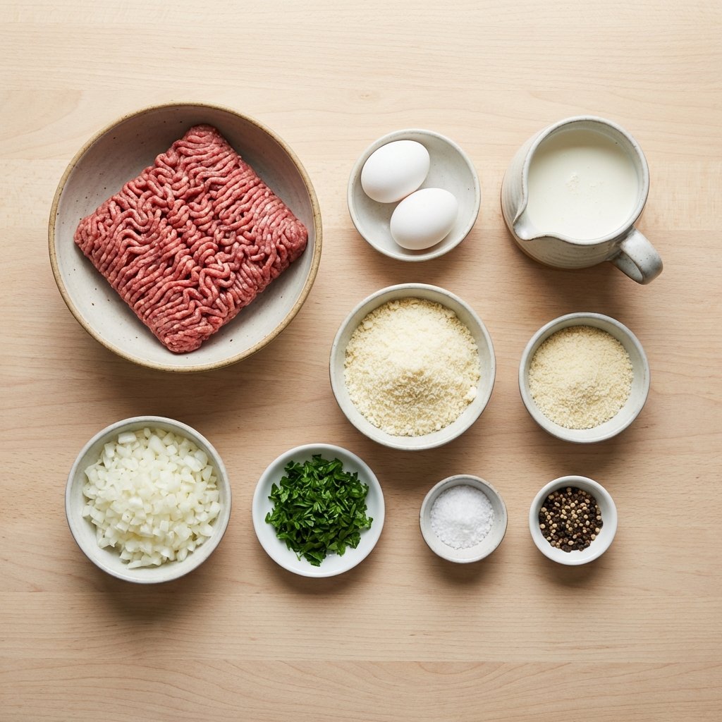 Zutaten für Keto-Frikadellen: Rinderhackfleisch, Ei, Sahne und Parmesan