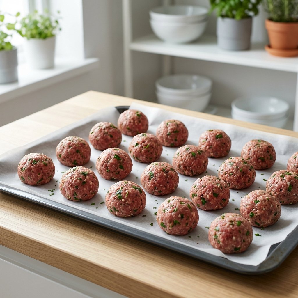 Keto-Frikadellen auf dem Backblech geformt, bereit zum Backen