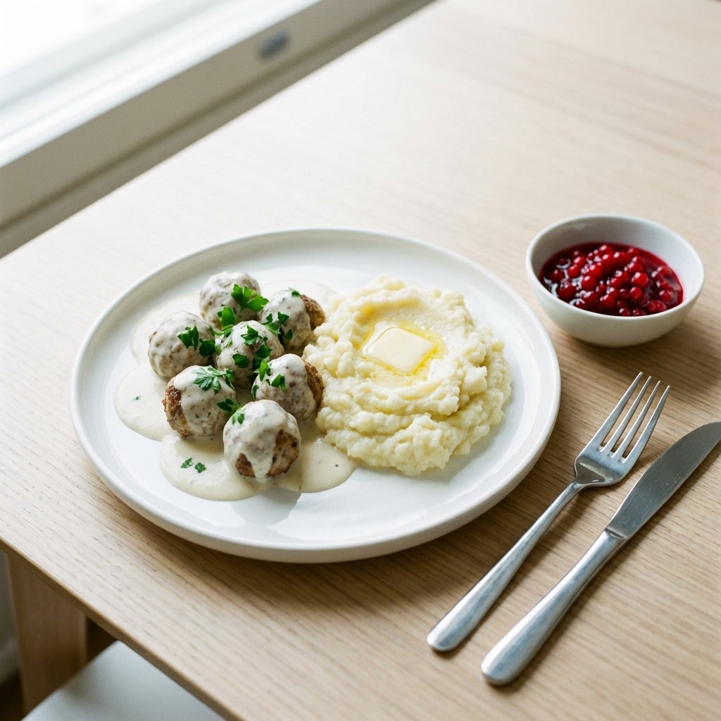 Komplette Keto-Mahlzeit: Frikadellen in Rahmsoße, Blumenkohlpüree und Preiselbeeren