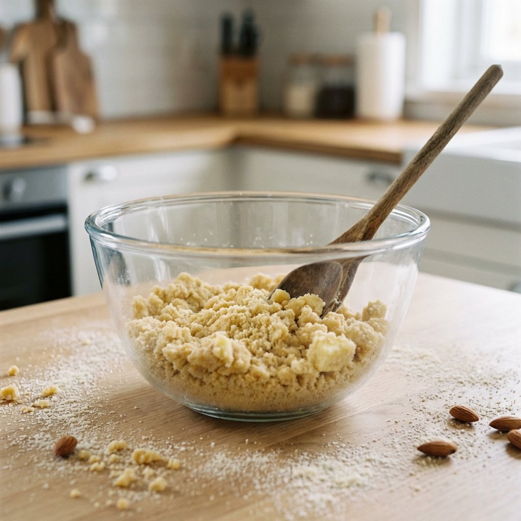 Keto Kuchenbodenteig in der Schüssel, bereit zum Andrücken in die Form