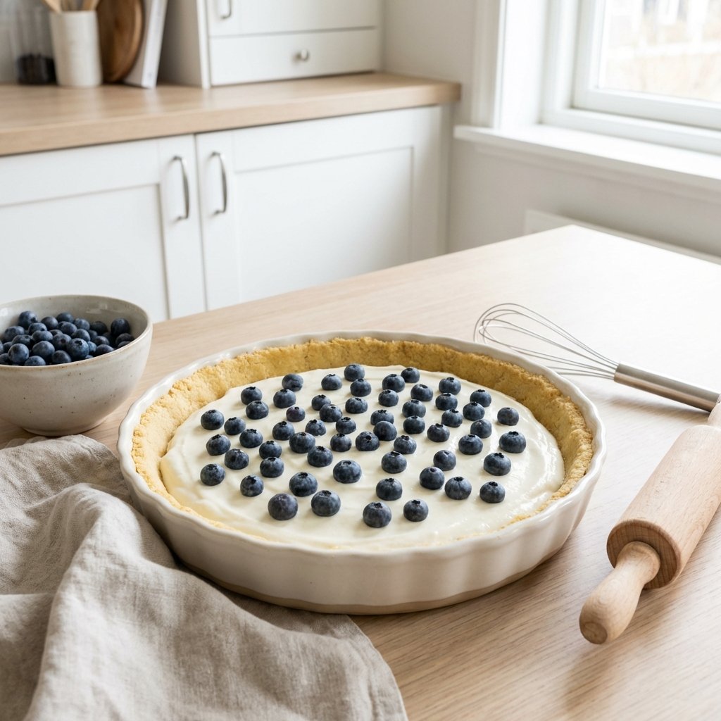 Keto Heidelbeerkuchen in der Form mit Quarkfüllung und Heidelbeeren vor dem Backen
