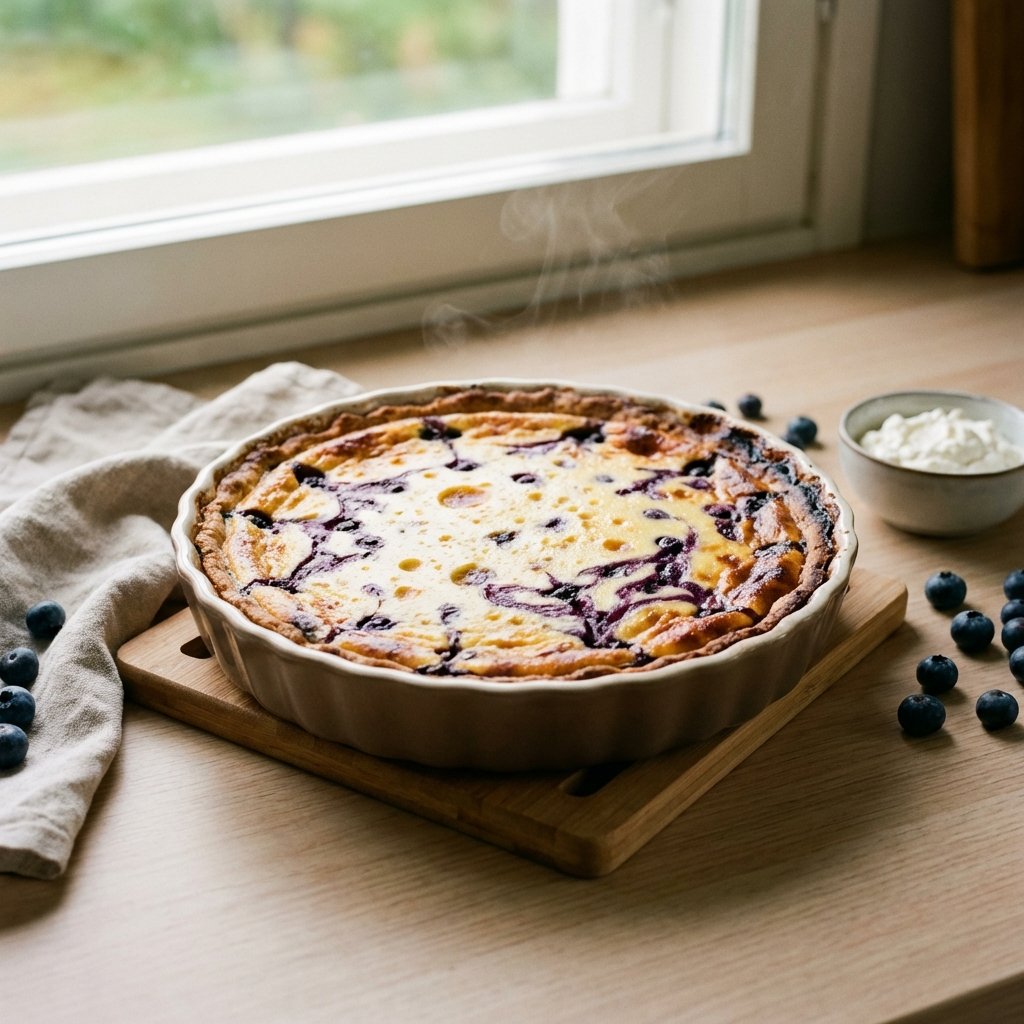 Fertig gebackener Keto Heidelbeerkuchen aus dem Ofen, goldene Oberfläche und saftige Heidelbeeren