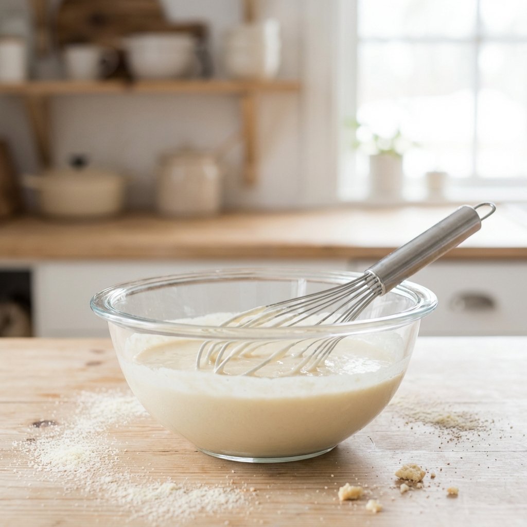 Keto Pfannkuchenteig in der Glasschüssel mit Schneebesen