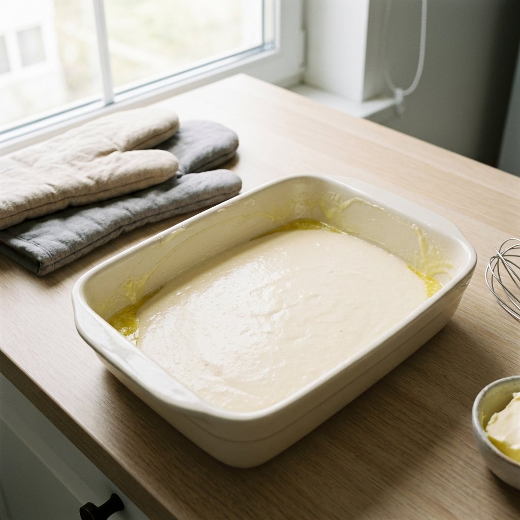 Keto Pfannkuchenteig in der gefetteten Auflaufform, bereit für den Ofen