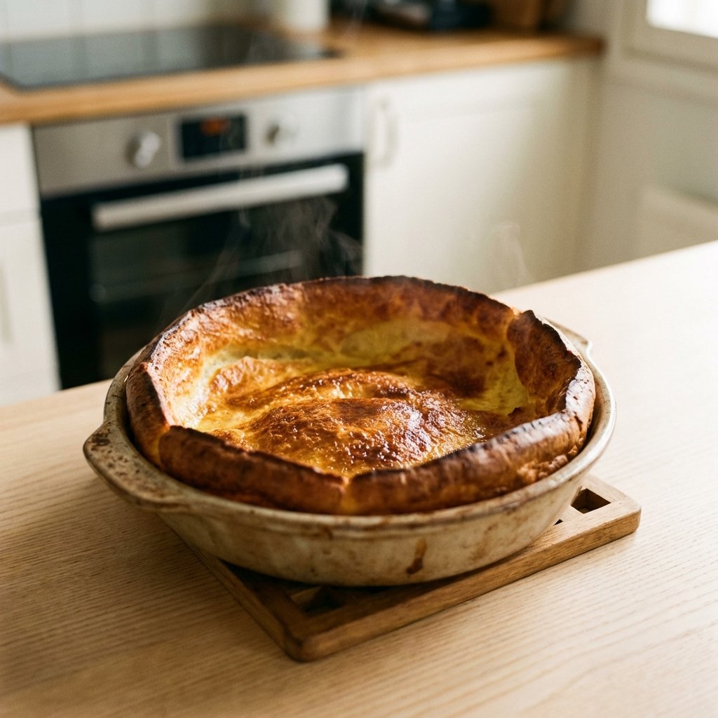 Fertig gebackener Keto Pfannkuchen mit goldenen, aufgegangenen Rändern aus dem Ofen