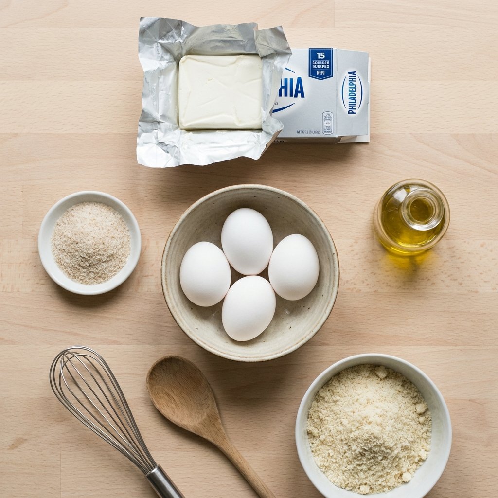 Zutaten für Keto Pasta: Philadelphia Frischkäse, Eier und Flohsamenschalen