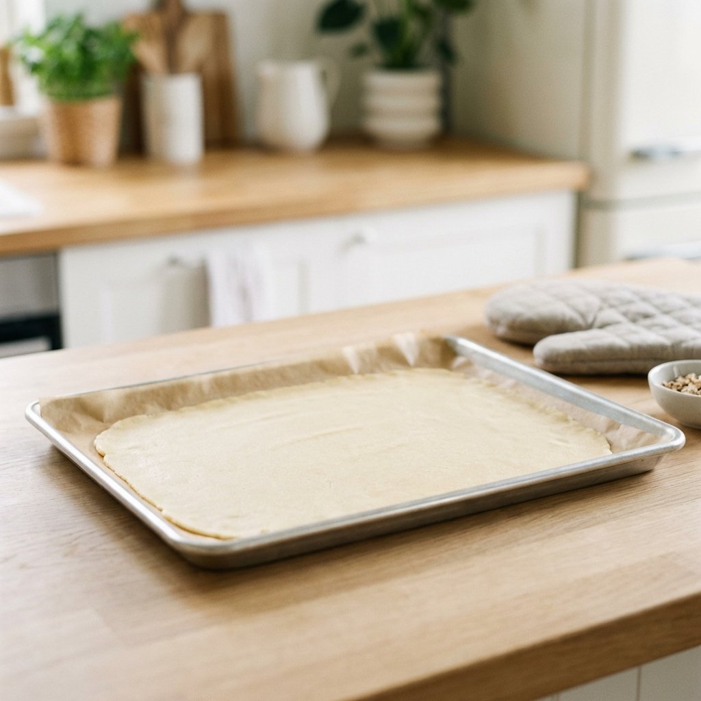 Keto Pastateig ausgebreitet auf dem Backblech vor dem Backen