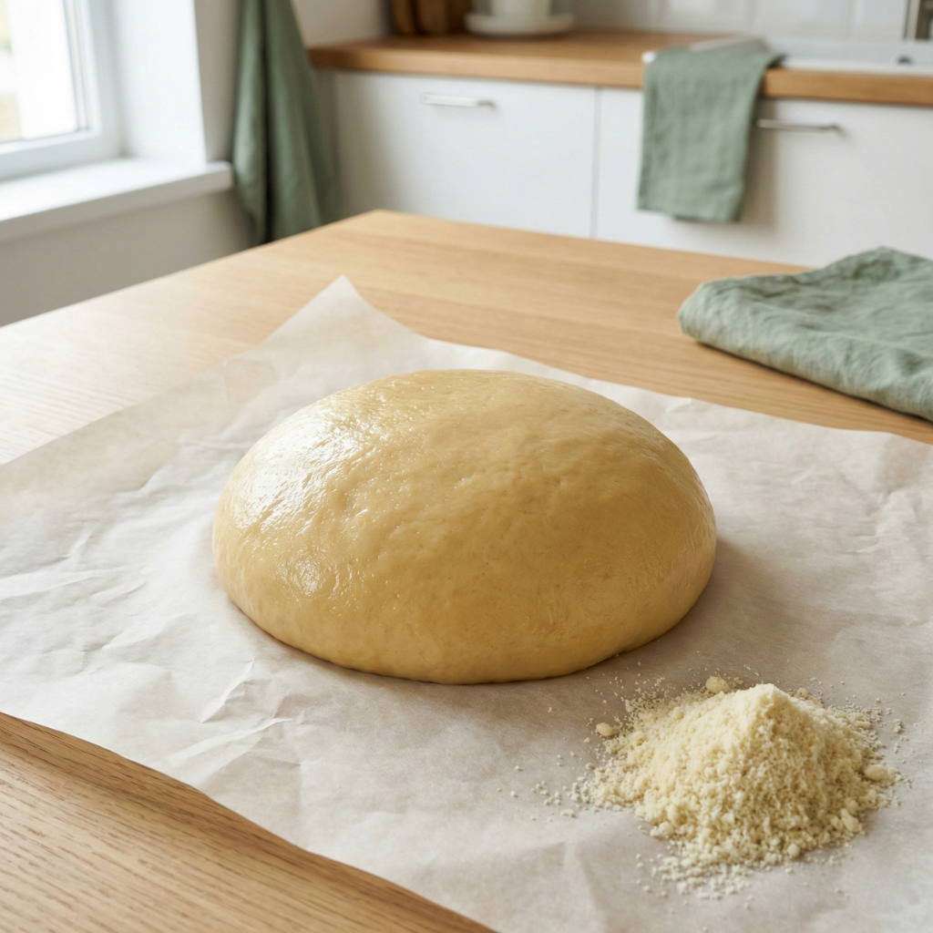 Fat-Head-Teig zu einer Kugel geformt auf Backpapier