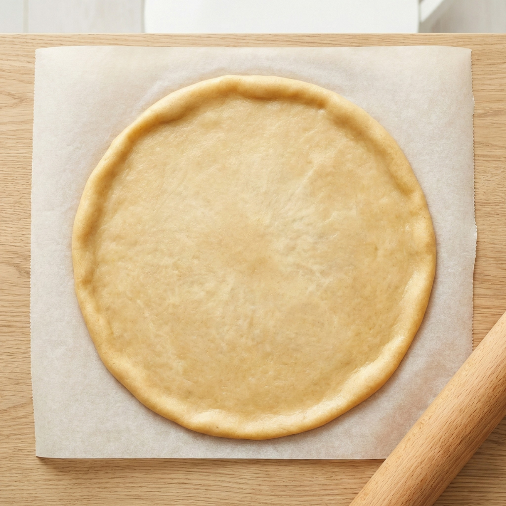Ausgerollter Keto-Pizzaboden auf Backpapier