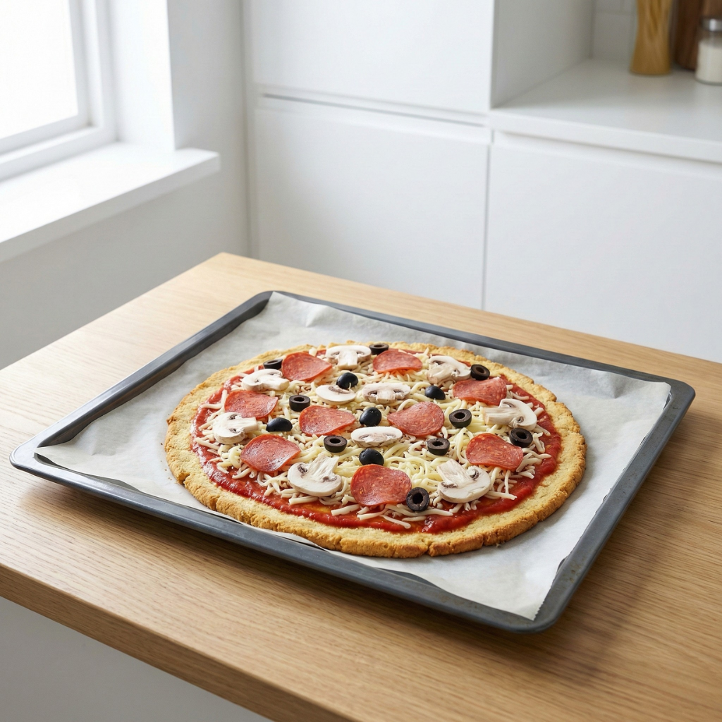 Keto-Pizza mit Belag auf dem Backblech