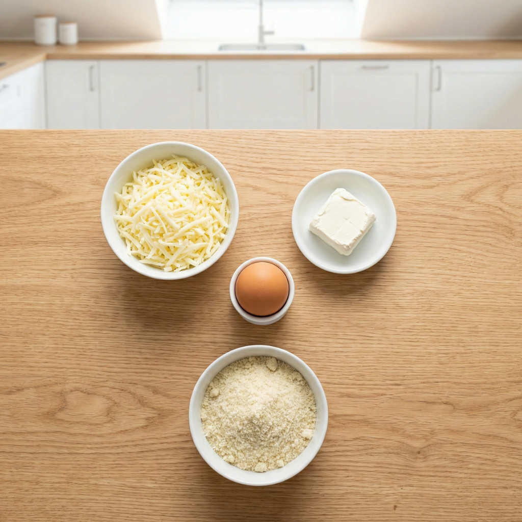 Zutaten für den Keto-Pizzaboden: Mozzarella, Frischkäse, Ei und Mandelmehl