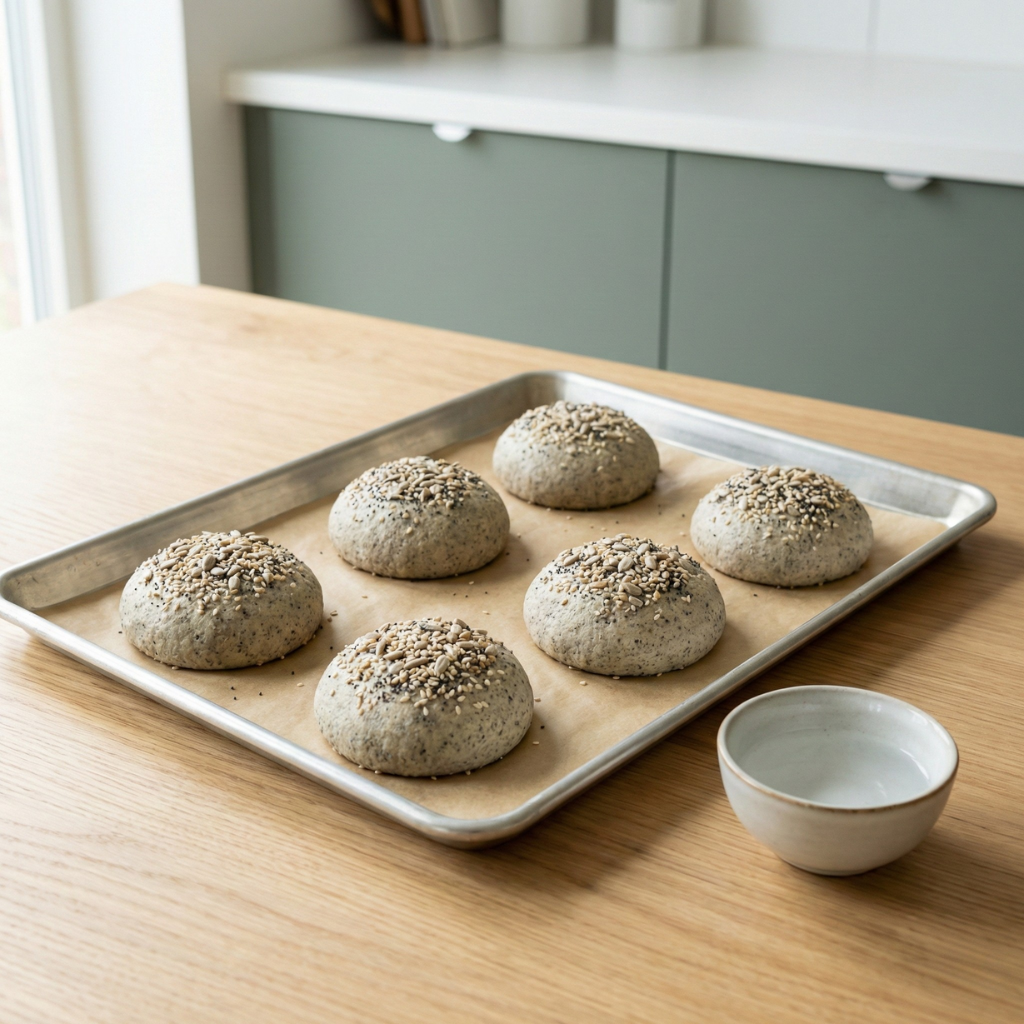 Keto Brötchen auf Backpapier geformt, bereit für den Ofen