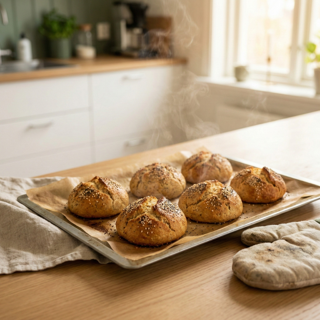 Frische Keto Brötchen direkt aus dem Ofen, goldbraun und saftig