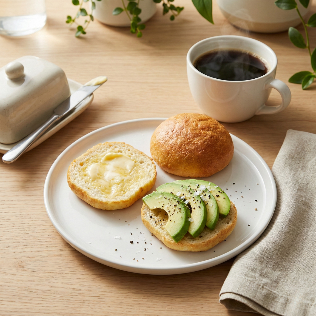 Keto Brötchen geteilt mit Butter und Avocado zum Frühstück
