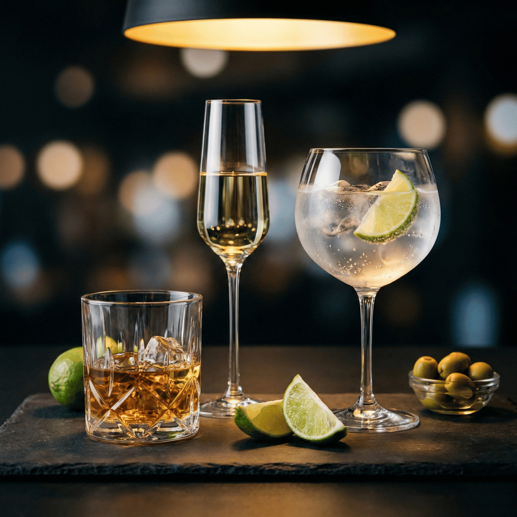 Keto-freundliche alkoholische Getränke: Whisky, trockener Wein und Gin Tonic elegant arrangiert