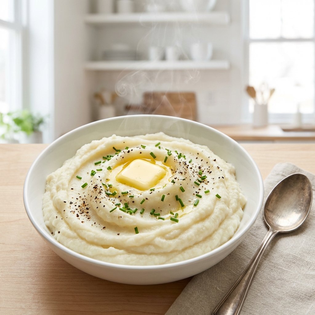 Cremiges Blumenkohlpüree mit Butter und Kräutern auf weißem Teller