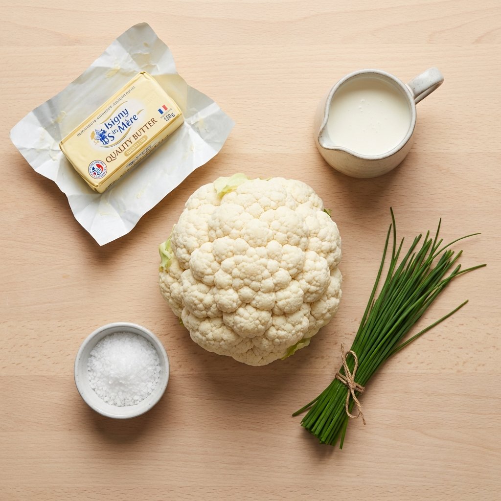 Zutaten für Blumenkohlpüree: frischer Blumenkohl, Butter, Sahne und Salz auf einem Schneidebrett