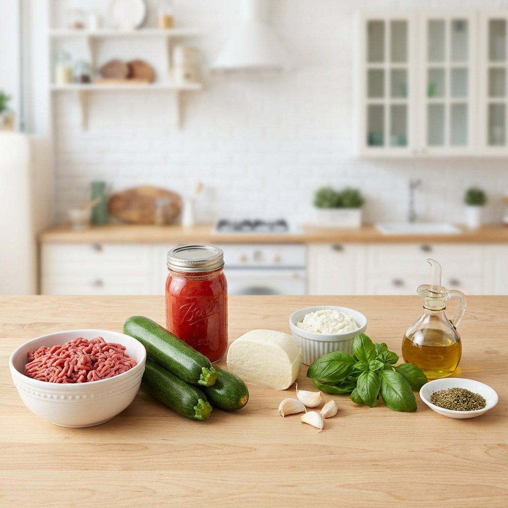 Zutaten für Keto Zucchini Lasagne: Zucchini, Hackfleisch, gehackte Tomaten, Käse und Gewürze