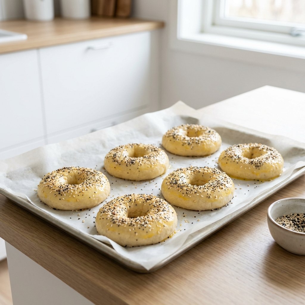 Geformte Keto-Bagels auf dem Blech, mit Samen dekoriert