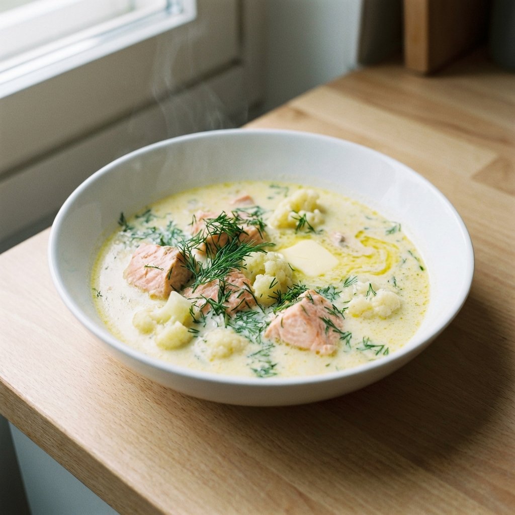 Cremige Keto-Lachssuppe in weißer Schale mit Dill