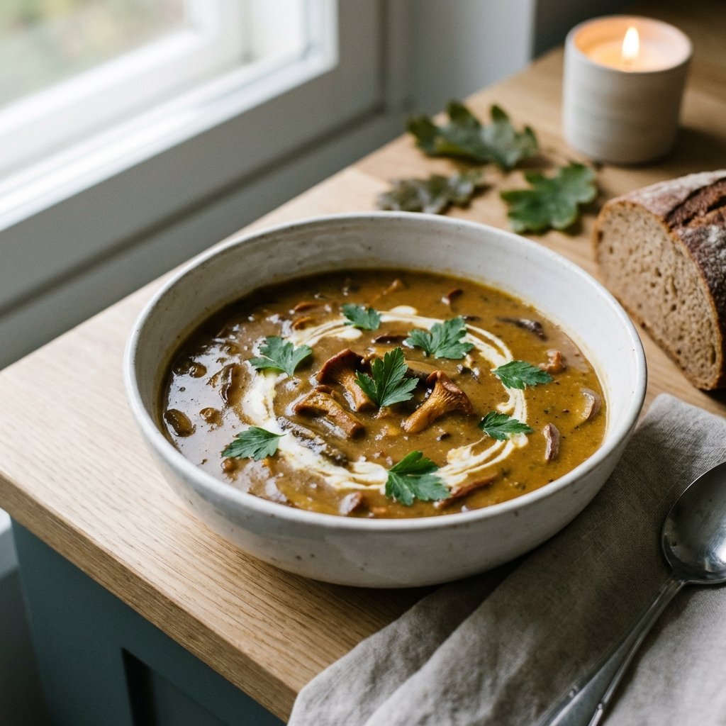 Dunkle cremige Pilzsuppe mit Petersilie