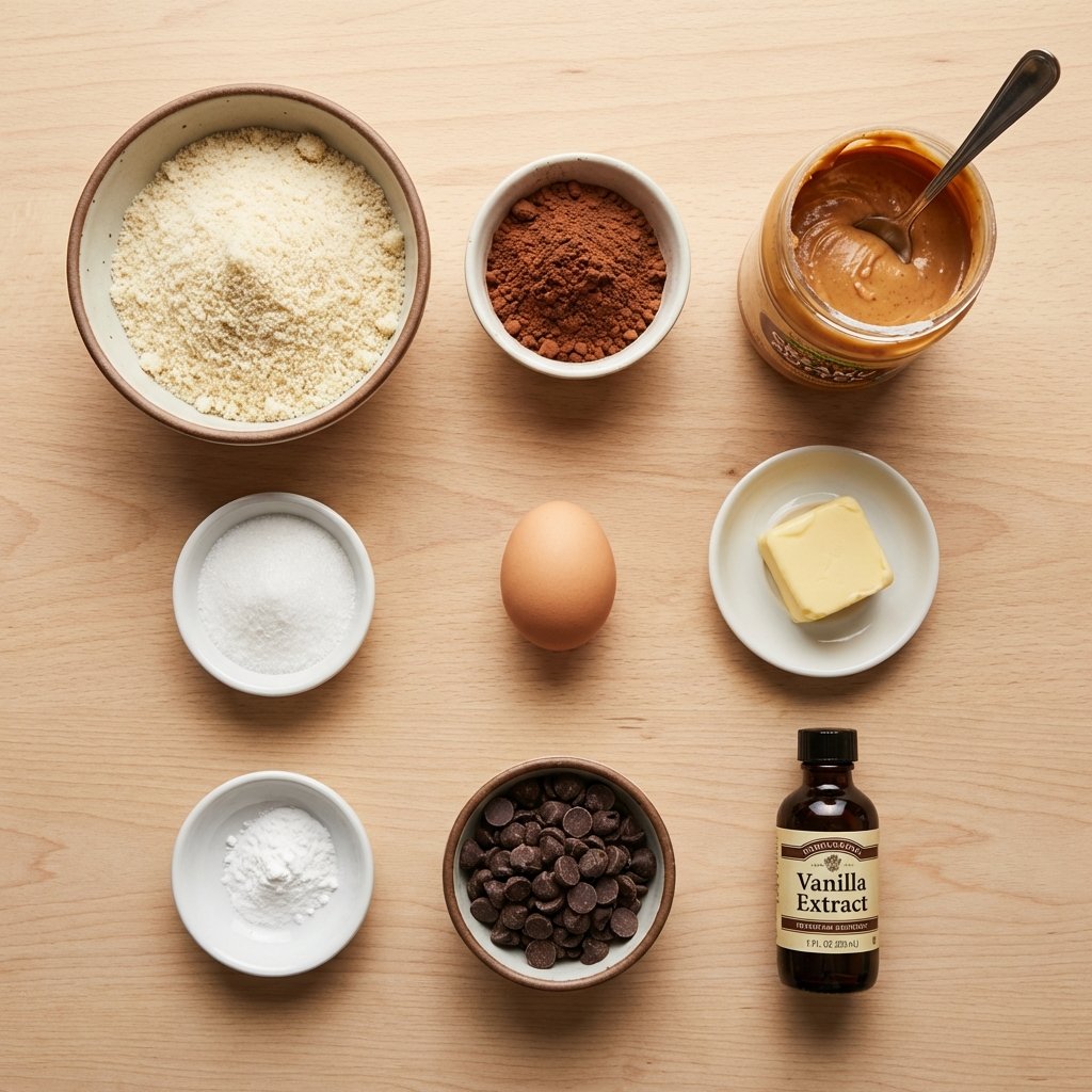 Zutaten für Schoko-Erdnussbutter-Kekse: Mandelmehl, Kakao, Erdnussbutter und Erythrit