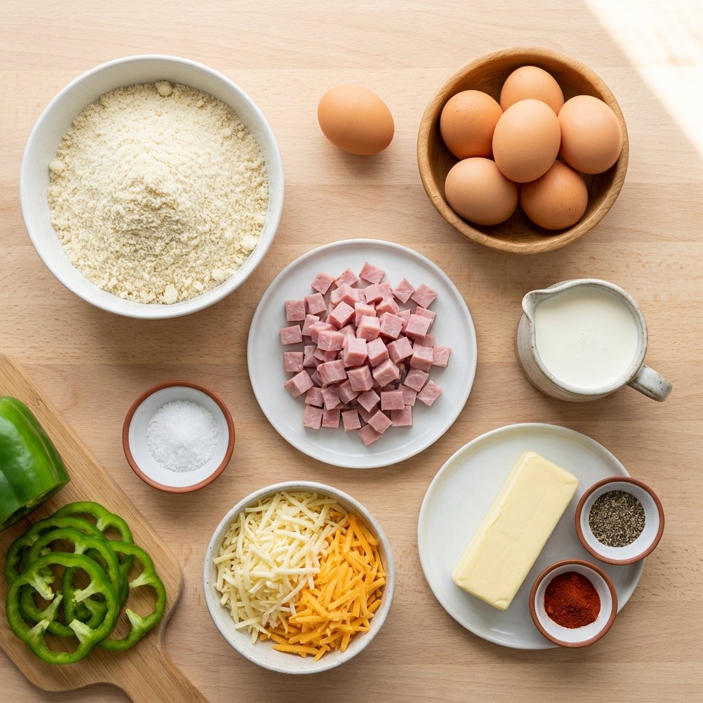 Zutaten für Keto Schinken-Quiche: Mandelmehl, Eier, Schinken, Sahne und Käse