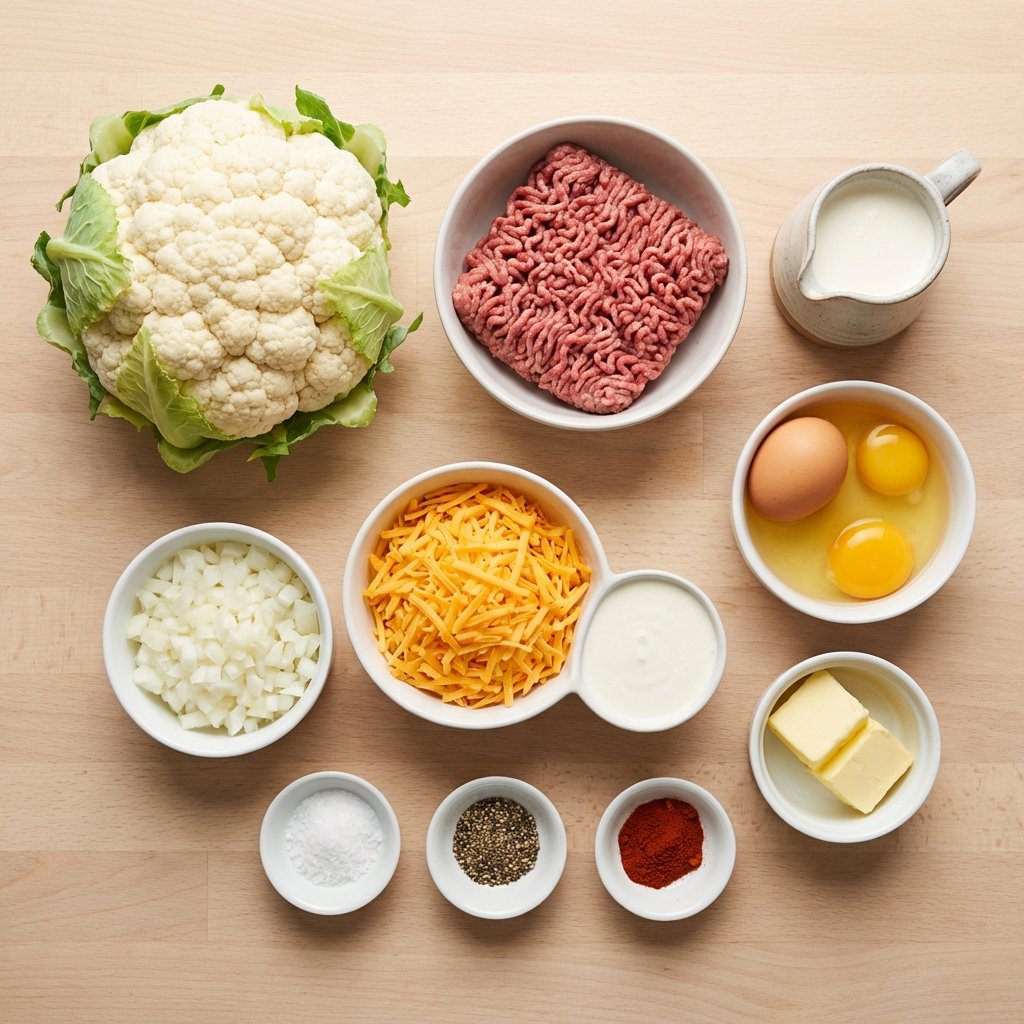 Zutaten für Keto-Blumenkohlgratin: Blumenkohl, Hackfleisch, Eier, Sahne und Käse
